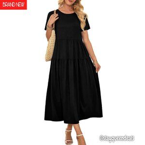 Maxi Dress with Pockets Short Sleeve Tiered Casual Summer Flowy